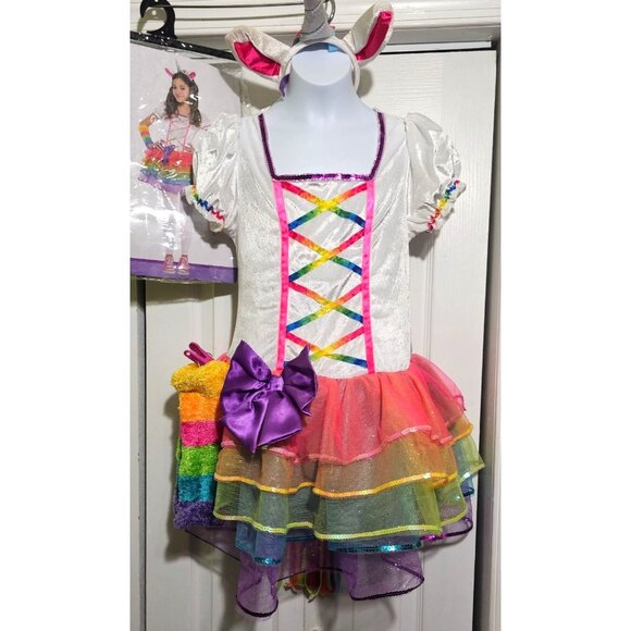 Rainbow Unicorn Costume Tail Dress Fairy Pretty Princess Halloween EUC Girls LG - Picture 1 of 9